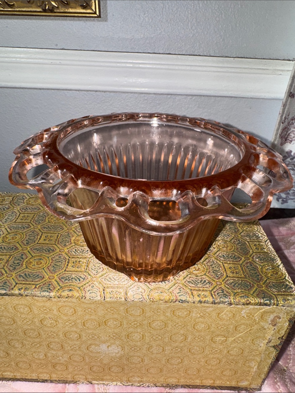 Vintage old colony flower Pink Depression Glass Bowl with Scalloped Rim